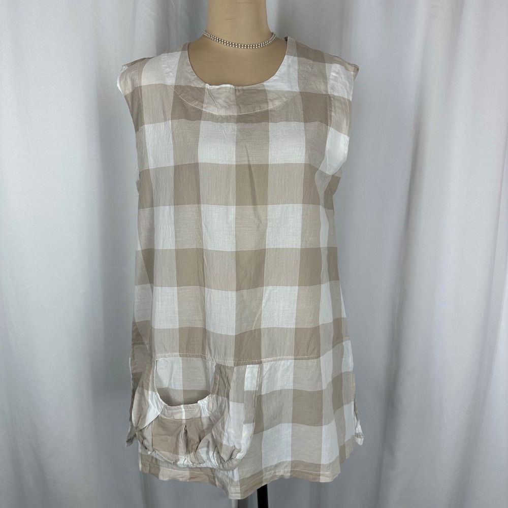 Kaktus Buffalo Plaid Tunic Top Small Beige White Cotton Boho Lagenlook READ